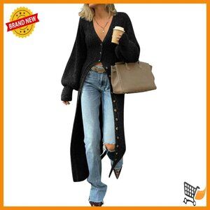 Chunky Knit V-Neck Maxi Cardigan Sweater Dress Button Down Long Duster